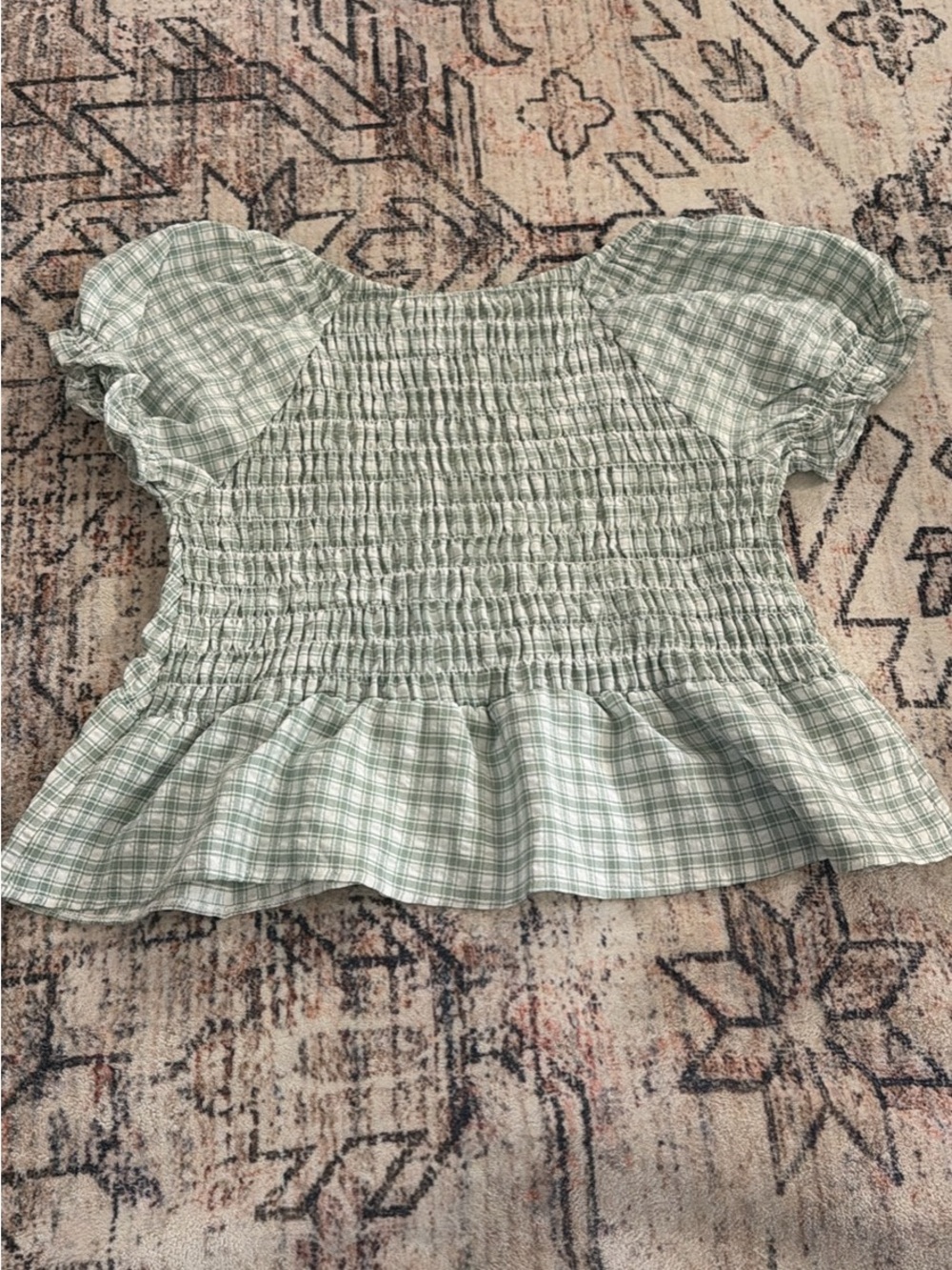 Sage Green Plaid Smocked Babydoll Blouse S - Picture 2 of 3